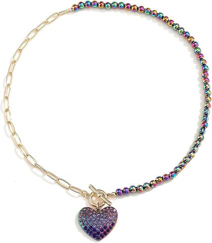Gold-Tone Heart Pendant Necklace with Multicolor Rhinestones, Double-Layer Chain, Adjustable Jewelry for Women in Saudi Arabia