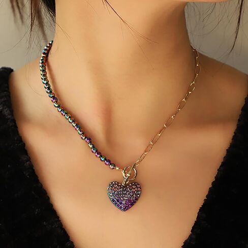Gold-Tone Heart Pendant Necklace with Multicolor Rhinestones, Double-Layer Chain, Adjustable Jewelry for Women in Saudi Arabia