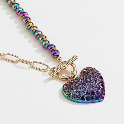 Gold-Tone Heart Pendant Necklace with Multicolor Rhinestones, Double-Layer Chain, Adjustable Jewelry for Women in Saudi Arabia