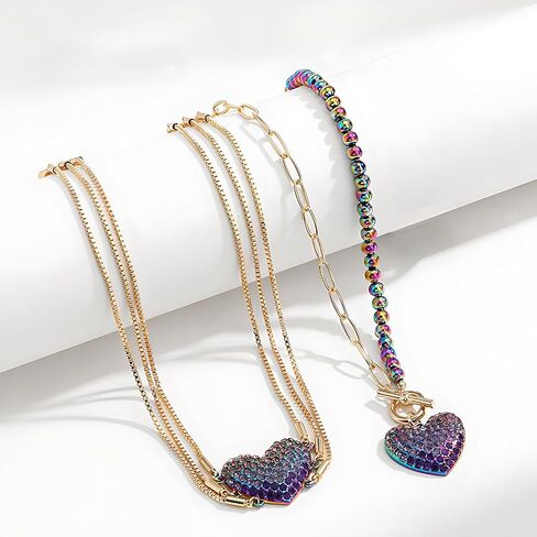Gold-Tone Heart Pendant Necklace with Multicolor Rhinestones, Double-Layer Chain, Adjustable Jewelry for Women in Saudi Arabia