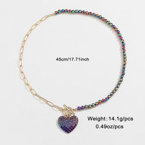 Gold-Tone Heart Pendant Necklace with Multicolor Rhinestones, Double-Layer Chain, Adjustable Jewelry for Women in Saudi Arabia