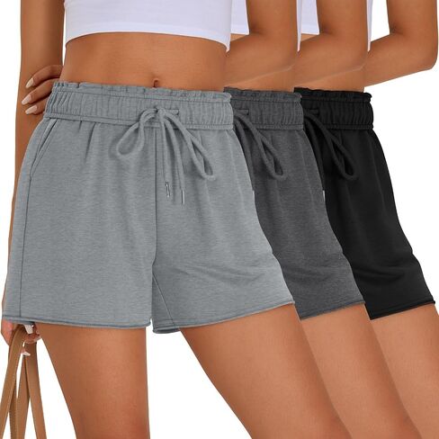 Neer 3 Pack Comfy Drawstring Shorts for Women Summer Lounge Sweat Short Raw Hem Athletic Running Workout Clothes with Pockets in Saudi Arabia