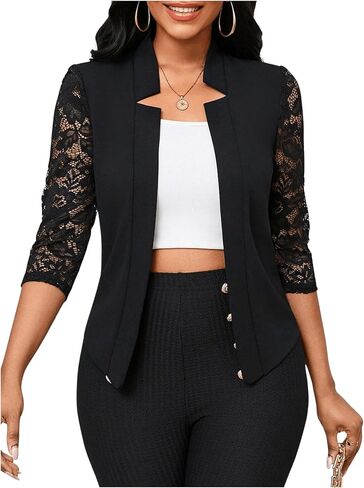 GORGLITTER Women's Lace 3/4 Sleeve Blazer Jackets Casual Business Interview Lightweight Blazer Office Work Outfits in Saudi Arabia