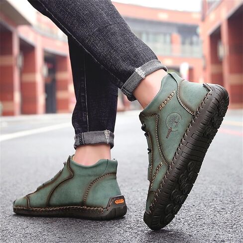 Mens Hand Stitching Leather Lace Up Ankle Boots Casual Vintage Non Slip Flats Arch Support Loafers for Hiking Walking Driving Chukka Boots in Saudi Arabia