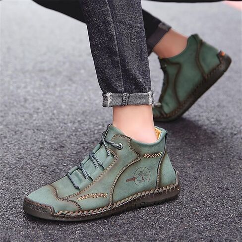 Mens Hand Stitching Leather Lace Up Ankle Boots Casual Vintage Non Slip Flats Arch Support Loafers for Hiking Walking Driving Chukka Boots in Saudi Arabia