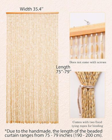52 Strands 35.4" x 79" Bamboo and Wood Beaded Curtain for Doorway Handmade Natural Doorway Beads Bohemian Bamboo and Wooden Room Devider Hanging Boho Beaded Curtain,Beige in Kuwait