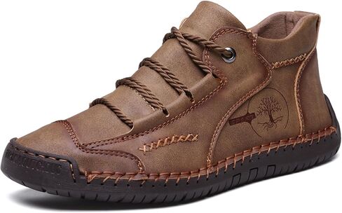 Mens Hand Stitching Leather Lace Up Ankle Boots Casual Vintage Non Slip Flats Arch Support Loafers for Hiking Walking Driving Chukka Boots in Saudi Arabia