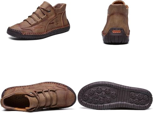 Mens Hand Stitching Leather Lace Up Ankle Boots Casual Vintage Non Slip Flats Arch Support Loafers for Hiking Walking Driving Chukka Boots in Saudi Arabia