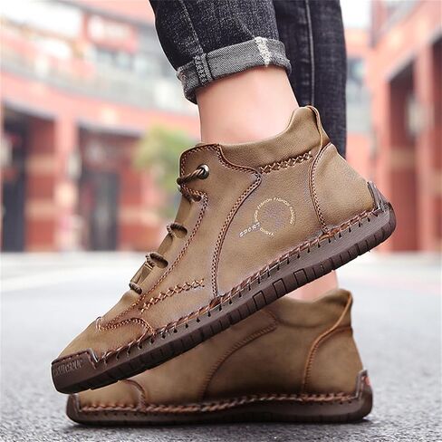 Mens Hand Stitching Leather Lace Up Ankle Boots Casual Vintage Non Slip Flats Arch Support Loafers for Hiking Walking Driving Chukka Boots in Saudi Arabia