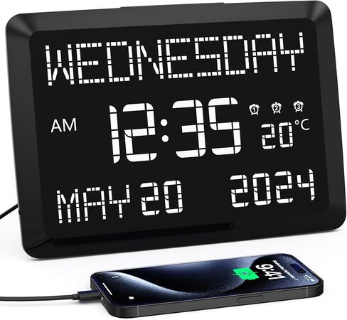 11.5" Digital Wall Clock with Date,Time,Week,Indoor Temperature,3 Alarms,5 Dimmer,2 USB Chargers,Battery Backup,Snooze,12/24H for Elderly,Parents,Impaired Vision,Dementia,Memory Loss,Office,Bedroom in Kuwait