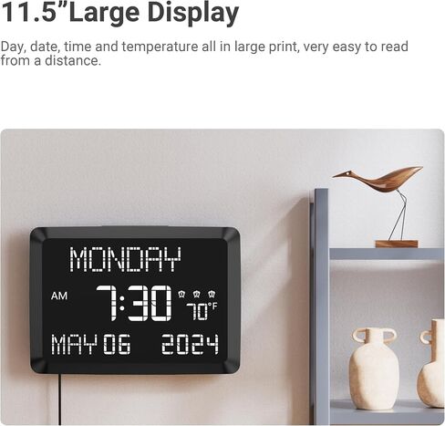 11.5" Digital Wall Clock with Date,Time,Week,Indoor Temperature,3 Alarms,5 Dimmer,2 USB Chargers,Battery Backup,Snooze,12/24H for Elderly,Parents,Impaired Vision,Dementia,Memory Loss,Office,Bedroom in Kuwait