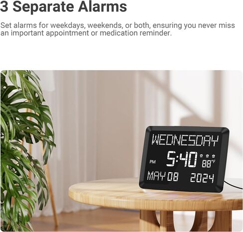 11.5" Digital Wall Clock with Date,Time,Week,Indoor Temperature,3 Alarms,5 Dimmer,2 USB Chargers,Battery Backup,Snooze,12/24H for Elderly,Parents,Impaired Vision,Dementia,Memory Loss,Office,Bedroom in Kuwait