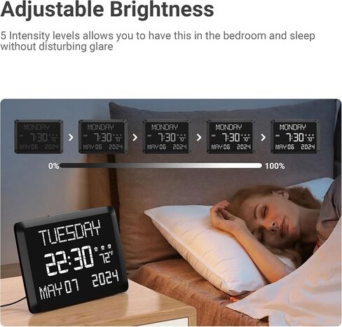 11.5" Digital Wall Clock with Date,Time,Week,Indoor Temperature,3 Alarms,5 Dimmer,2 USB Chargers,Battery Backup,Snooze,12/24H for Elderly,Parents,Impaired Vision,Dementia,Memory Loss,Office,Bedroom in Kuwait