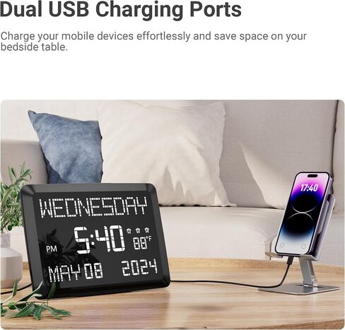 11.5" Digital Wall Clock with Date,Time,Week,Indoor Temperature,3 Alarms,5 Dimmer,2 USB Chargers,Battery Backup,Snooze,12/24H for Elderly,Parents,Impaired Vision,Dementia,Memory Loss,Office,Bedroom in Kuwait