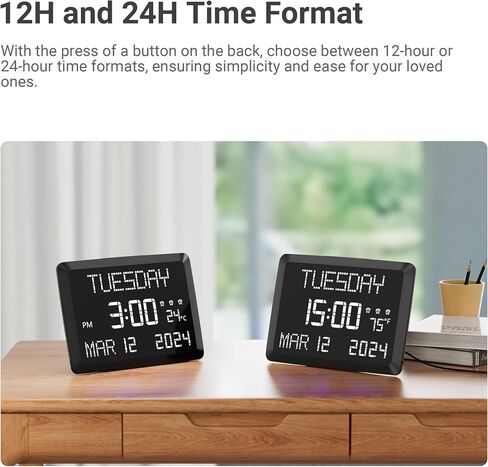 11.5" Digital Wall Clock with Date,Time,Week,Indoor Temperature,3 Alarms,5 Dimmer,2 USB Chargers,Battery Backup,Snooze,12/24H for Elderly,Parents,Impaired Vision,Dementia,Memory Loss,Office,Bedroom in Kuwait