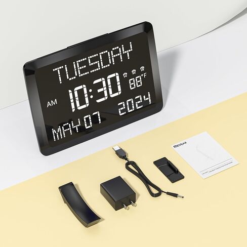 11.5" Digital Wall Clock with Date,Time,Week,Indoor Temperature,3 Alarms,5 Dimmer,2 USB Chargers,Battery Backup,Snooze,12/24H for Elderly,Parents,Impaired Vision,Dementia,Memory Loss,Office,Bedroom in Kuwait