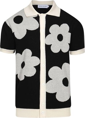 OXKNIT Mens Casual 60s Retro White Flower Knitted Short Sleeve Vintage Button Down Golf Polo in Kuwait