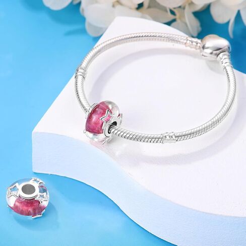 LNQOBU MURANO GLASS IRCMS لسوار 925 الجنيه الفضي الجنيه الفضة حبة قلادة ، وسحر مستدير على شكل قلب للأساور والقلائد in Kuwait
