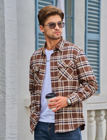 Cotrasen Flannel Shirt for Men Plaid Regular Fit Long Sleeve Cotton Button Up Casual Work Shirts Jacket with 2 Pockets in Saudi Arabia