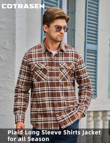 Cotrasen Flannel Shirt for Men Plaid Regular Fit Long Sleeve Cotton Button Up Casual Work Shirts Jacket with 2 Pockets in Saudi Arabia