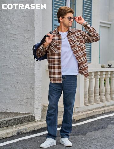 Cotrasen Flannel Shirt for Men Plaid Regular Fit Long Sleeve Cotton Button Up Casual Work Shirts Jacket with 2 Pockets in Saudi Arabia