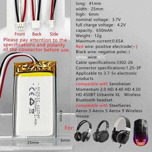DC 3.7V 800mAh AHB702535PCT-01 Rechargeable Polymer Lithium Battery for Sennheiser Momentum 3.0 M3AEBT M3IETW Wireless Noise Cancelling Headphones Battery Replacement in Kuwait