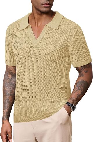 Mens Johnny Collar Polo Shirts Crochet Hollow Out Summer Casual Shirt (S-XXL) in Kuwait