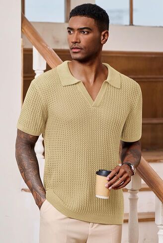 Mens Johnny Collar Polo Shirts Crochet Hollow Out Summer Casual Shirt (S-XXL) in Kuwait