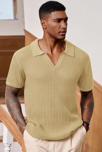 Mens Johnny Collar Polo Shirts Crochet Hollow Out Summer Casual Shirt (S-XXL) in Kuwait