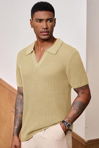 Mens Johnny Collar Polo Shirts Crochet Hollow Out Summer Casual Shirt (S-XXL) in Kuwait
