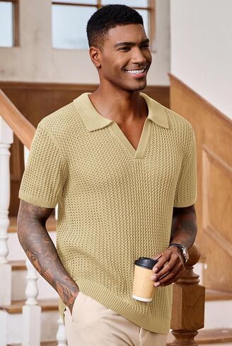 Mens Johnny Collar Polo Shirts Crochet Hollow Out Summer Casual Shirt (S-XXL) in Kuwait