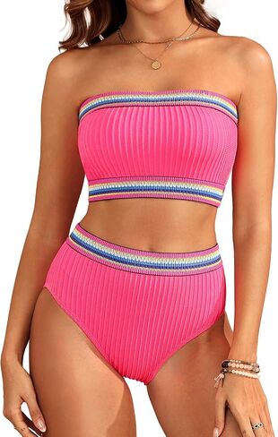 Daci High Waisted Bandeau Bikini Set - Women Strapless Two Piece Swimsuits Ribbed Full Coverage Bathing Suits Swimwear in Saudi Arabia