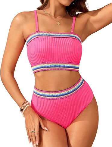Daci High Waisted Bandeau Bikini Set - Women Strapless Two Piece Swimsuits Ribbed Full Coverage Bathing Suits Swimwear in Saudi Arabia