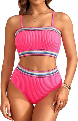 Daci High Waisted Bandeau Bikini Set - Women Strapless Two Piece Swimsuits Ribbed Full Coverage Bathing Suits Swimwear in Saudi Arabia