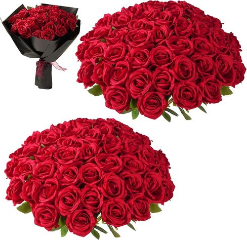 Red Roses Artificial Flowers Bulk, 52Pcs Fake Roses Flower Arrangement, DIY Silk Flowers Roses Bouquet, Realistic Faux Artificial Roses for Mother's Day Home Table Decor in Saudi Arabia