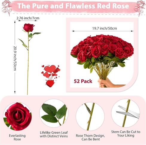 Red Roses Artificial Flowers Bulk, 52Pcs Fake Roses Flower Arrangement, DIY Silk Flowers Roses Bouquet, Realistic Faux Artificial Roses for Mother's Day Home Table Decor in Saudi Arabia