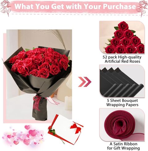Red Roses Artificial Flowers Bulk, 52Pcs Fake Roses Flower Arrangement, DIY Silk Flowers Roses Bouquet, Realistic Faux Artificial Roses for Mother's Day Home Table Decor in Saudi Arabia