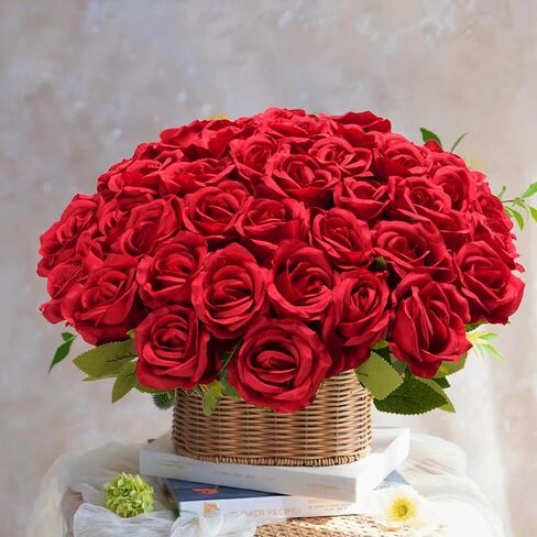 Red Roses Artificial Flowers Bulk, 52Pcs Fake Roses Flower Arrangement, DIY Silk Flowers Roses Bouquet, Realistic Faux Artificial Roses for Mother's Day Home Table Decor in Saudi Arabia