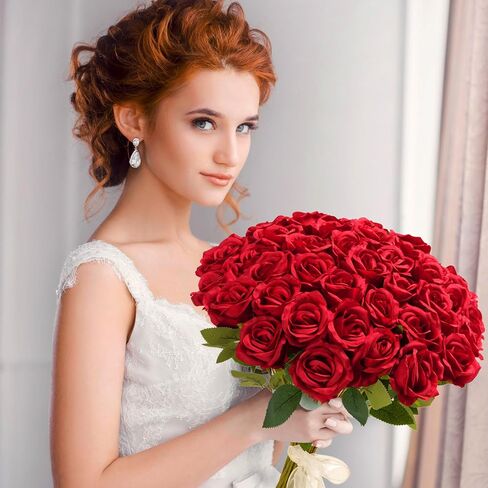 Red Roses Artificial Flowers Bulk, 52Pcs Fake Roses Flower Arrangement, DIY Silk Flowers Roses Bouquet, Realistic Faux Artificial Roses for Mother's Day Home Table Decor in Saudi Arabia