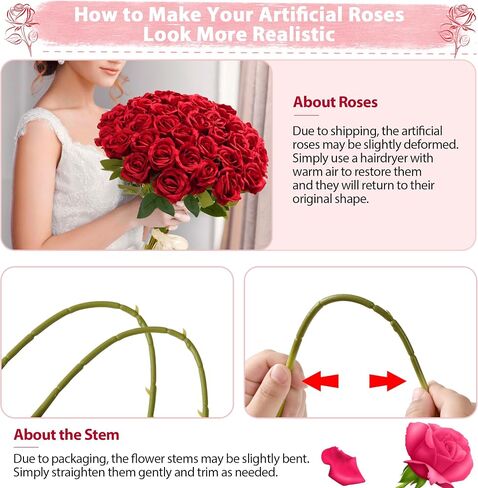 Red Roses Artificial Flowers Bulk, 52Pcs Fake Roses Flower Arrangement, DIY Silk Flowers Roses Bouquet, Realistic Faux Artificial Roses for Mother's Day Home Table Decor in Saudi Arabia