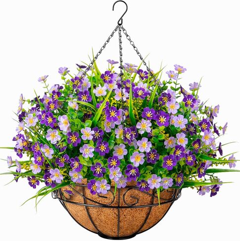 Ouddy Decor Artificial Hanging Flowers with Basket, Faux Silk Flowers in Coconut Lining Basket, Spring Summer Outdoor Decor Fake Hanging Plants for Garden Patio Yard Porch Lawn, Mixed Color in Saudi Arabia