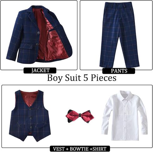 Boys Suit Formal Slim Fit Suit Set 5 Piece Kids Boys Tuxedo Plaid Suits Toddler Wedding Party Outfit in Saudi Arabia