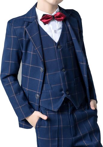 Boys Suit Formal Slim Fit Suit Set 5 Piece Kids Boys Tuxedo Plaid Suits Toddler Wedding Party Outfit in Saudi Arabia