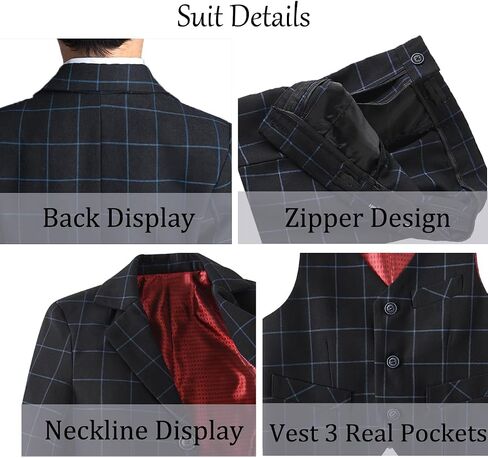 Boys Suit Formal Slim Fit Suit Set 5 Piece Kids Boys Tuxedo Plaid Suits Toddler Wedding Party Outfit in Saudi Arabia