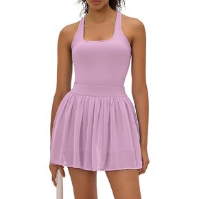 Womens Tennis Dress with Built in Shorts Mesh Pleated Ruched Ruffle Hem Racerback Workout Golf Yoga Athletic Dress