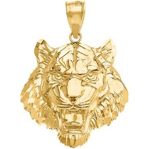 Fine 14k Yellow Gold Roaring Tiger Head Animal Necklace Pendant, 1.31"