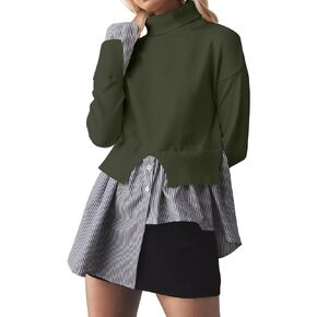 Missactiver Women Slit Turtleneck Patchwork Sweater 2 في 1 أزرار لأسفل سحب سترة متماسكة قميص HEL غير المتماثل أعلى