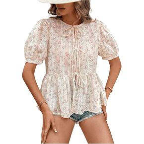 Wdirara Women's Floral Print Bow Tie Pront Puff Puff Sleeve Dound Dound Peplum Babydoll Shirt in Saudi Arabia
