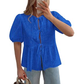 KIRUNDO Womens Tops Dressy Casual Tie Front Shirts Short Lantern Sleeve Hollow Out Lace Embroidered Babydoll Blouses