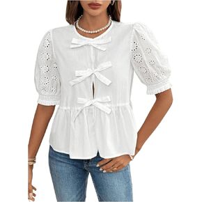 WDIRARA Women's Floral Print Bow Tie Front Blouse Puff Short Sleeve Round Neck Peplum Babydoll Shirt
